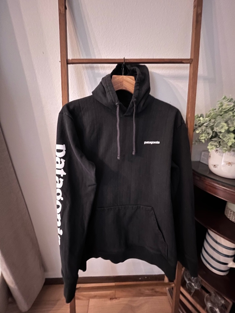 Patagonia Black Hoodie with White Chest Logo